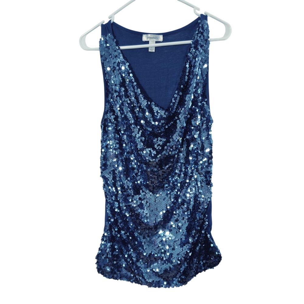 Dress Barn Sequin Tank Top Wmn's L Royal Blue Cowl Neck Sleeveless Stretch knit - Picture 3 of 13